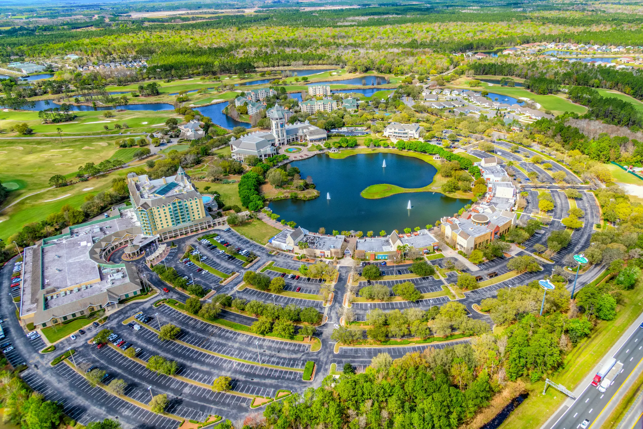 St. Augustine, United States - March 10, 2021:  The "World Golf Village" resort and the Golf Hall of Fame located in St. Augustine, Florida shot from an altitude of about 800 feet during a helicopter photo flight of the region.