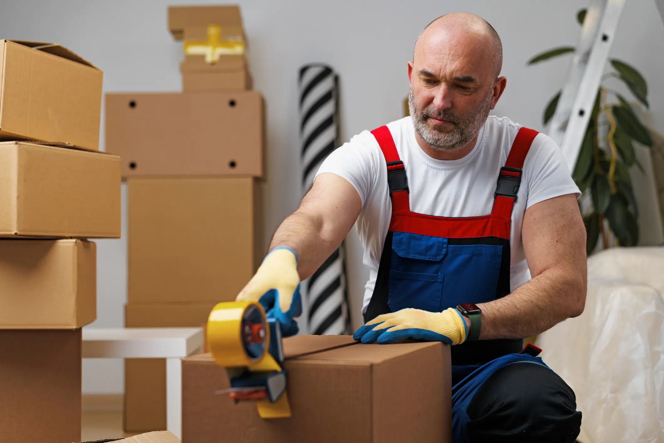 Man mover in uniform packing boxes with scotch tape, close up