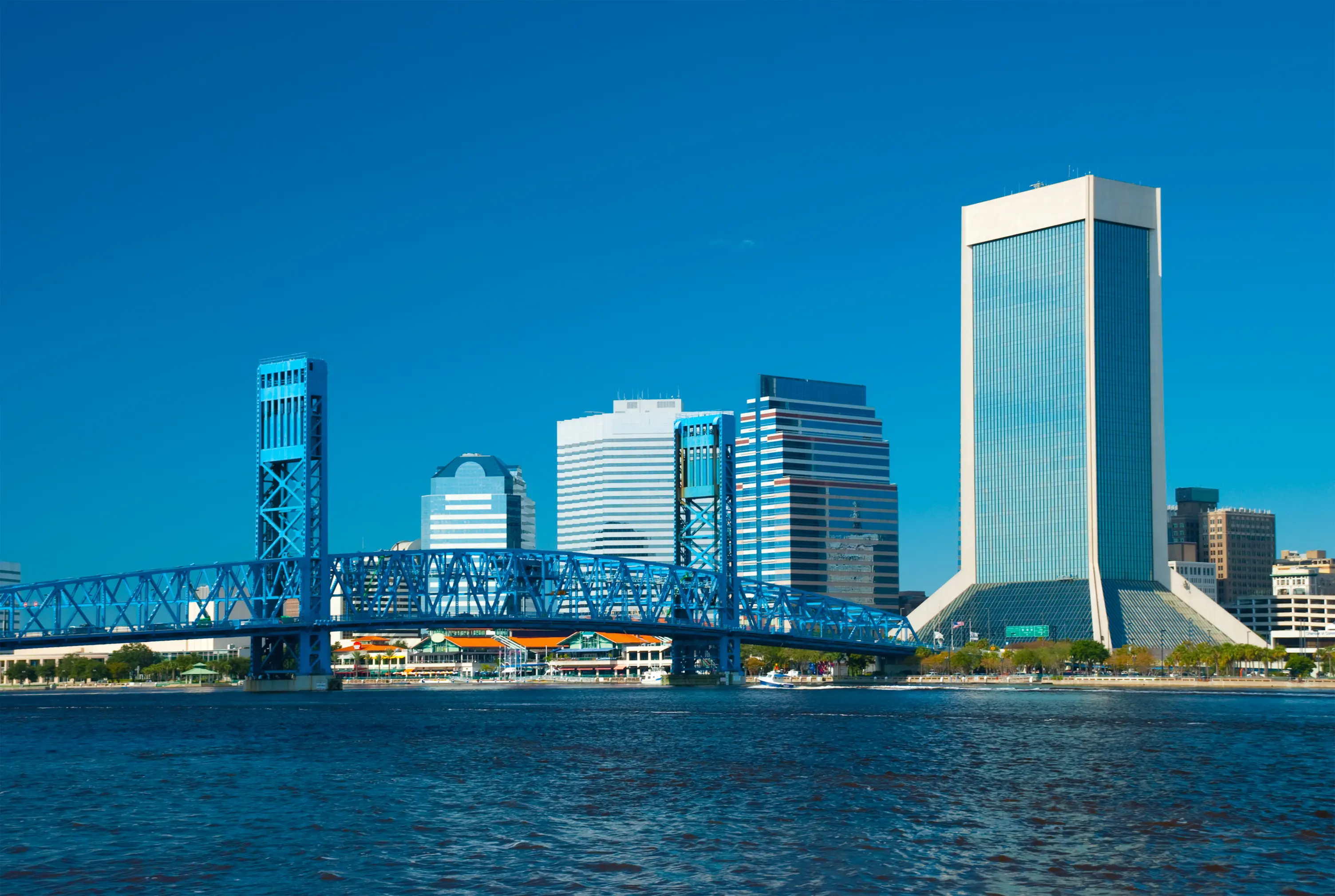 "Jacksonville downtown skyline, Main Street Bridge, and St. Johns River"