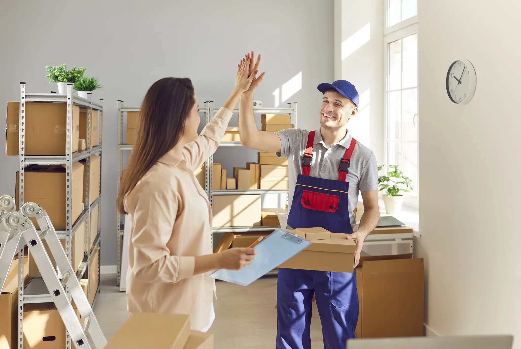 Excited woman getting cardboard box shopping online, overjoyed girl buyer feels euphoric, fast delivery service, package parcel gives high five to celebrate goal achievement client with internet order