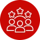 Red circle with a group of people in the center, surrounded by five stars